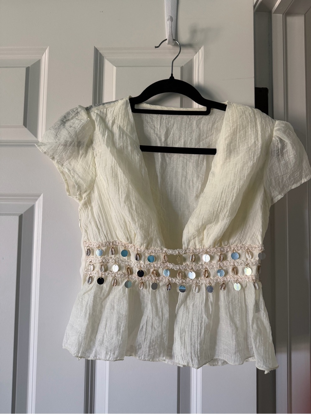 Light Cream Embellished V-Neck Women’s Top